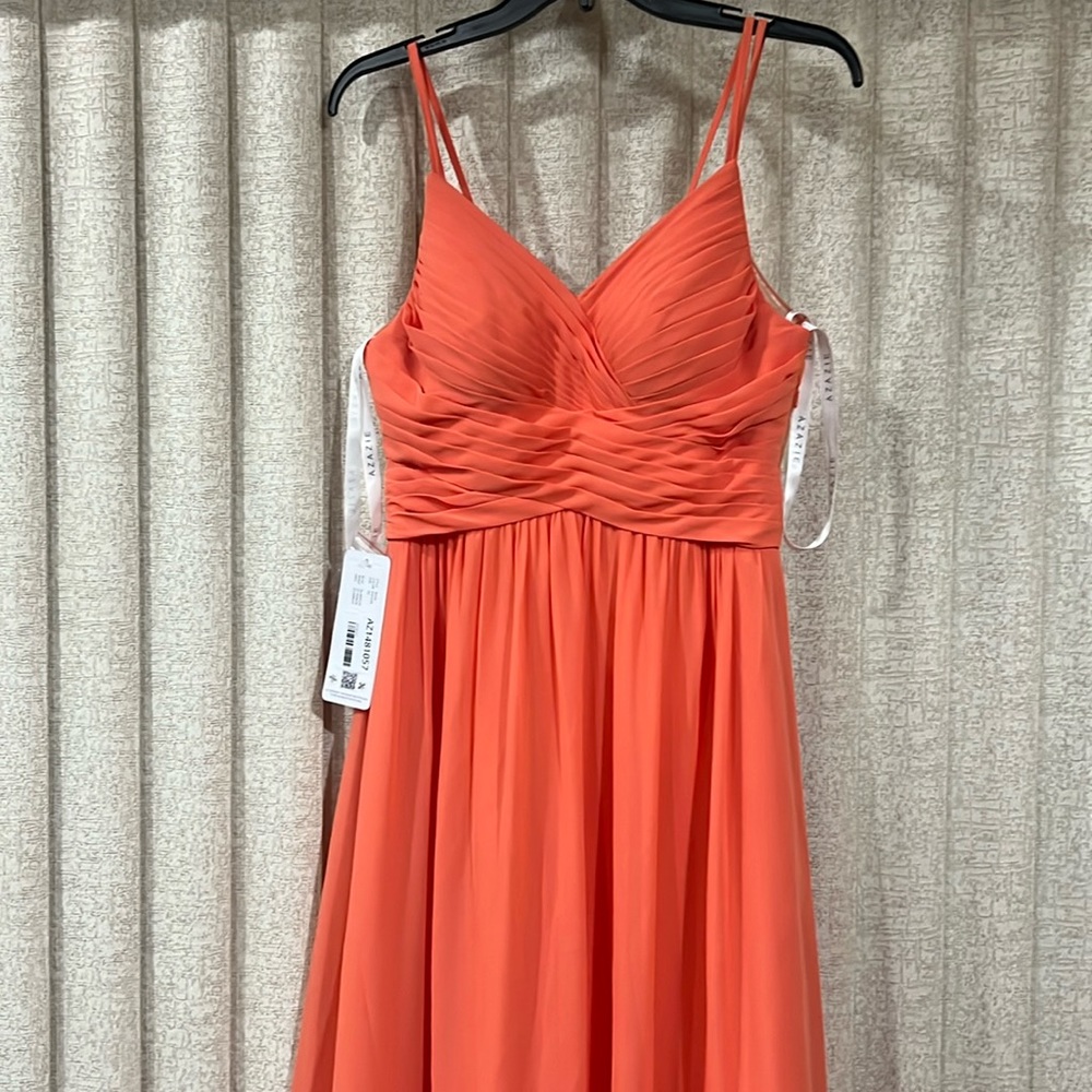 Azazie Blake style papaya colored dress